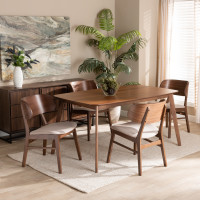 Baxton Studio WM1892B-Latte/Walnut-5PC Dining Set Alston Mid-Century Modern Beige Fabric Upholstered and Walnut Brown Finished Wood 5-Piece Dining Setm